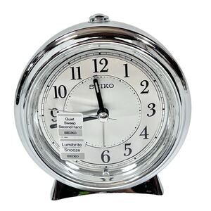Seiko Bedside Alarm Clock Silver-Tone Case Quiet Sweep Second Hand QHE132SLH New